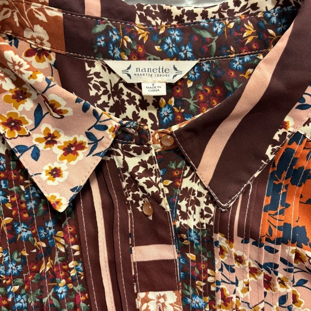 NANETTE LEPORE Button Up Patchwork Shirtdress Tie Waist Pintuck Long Sleeve Sz 8 - Picture 7 of 10